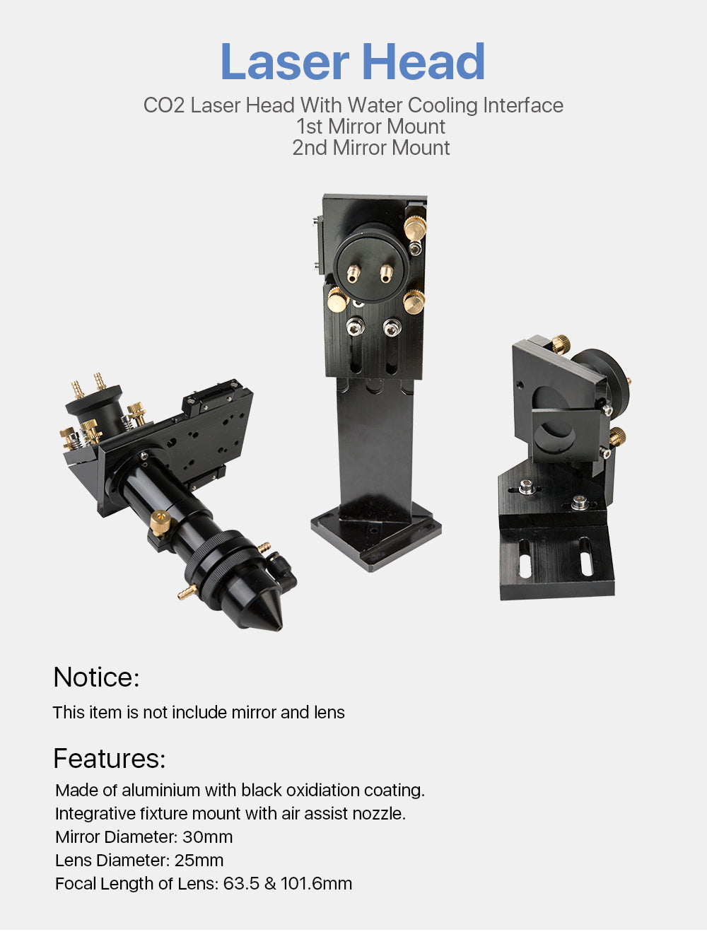 CO2 Laser Head /Mirror Mount / Set with water cooling interface