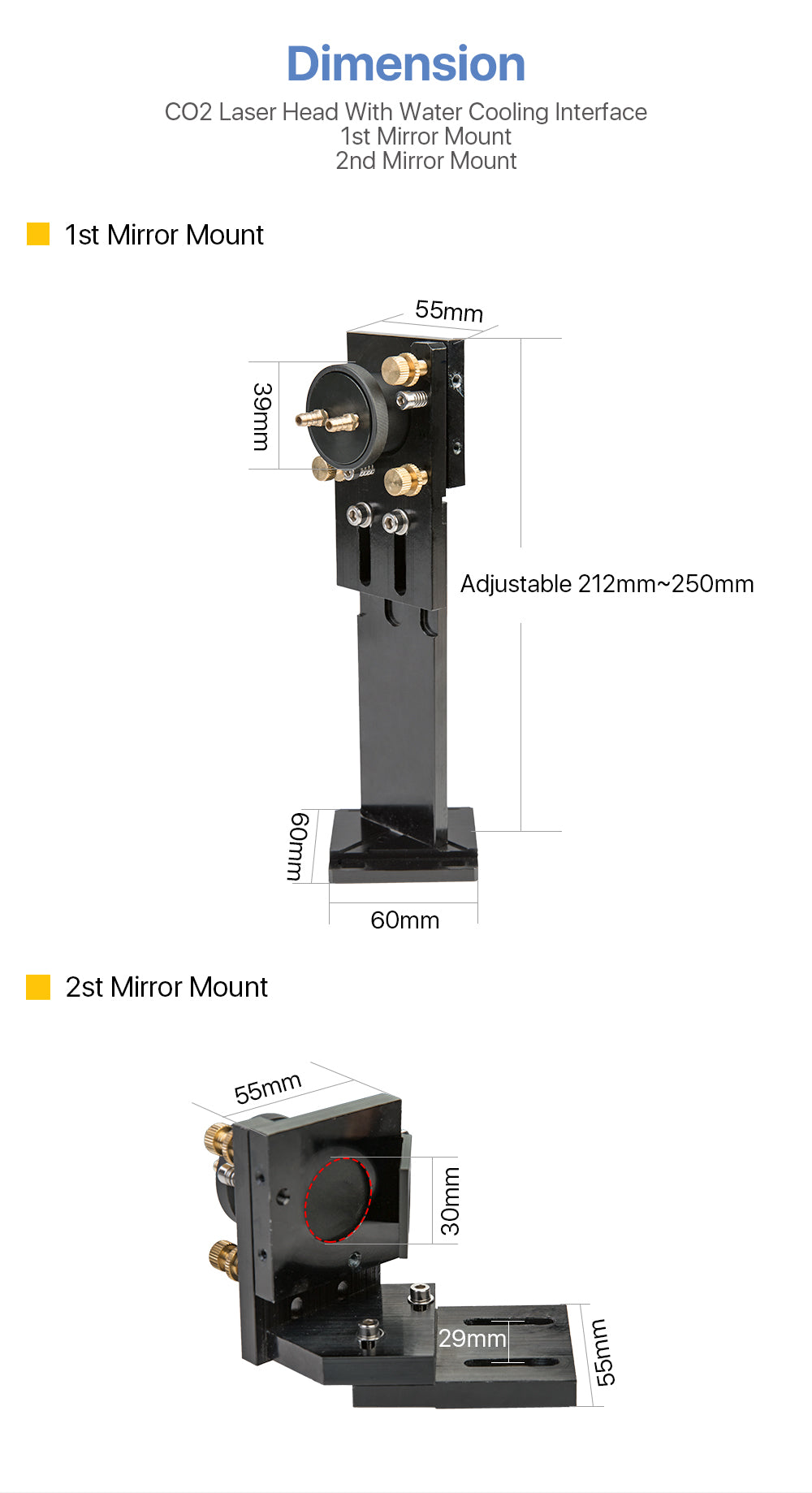 CO2 Laser Head /Mirror Mount / Set with water cooling interface