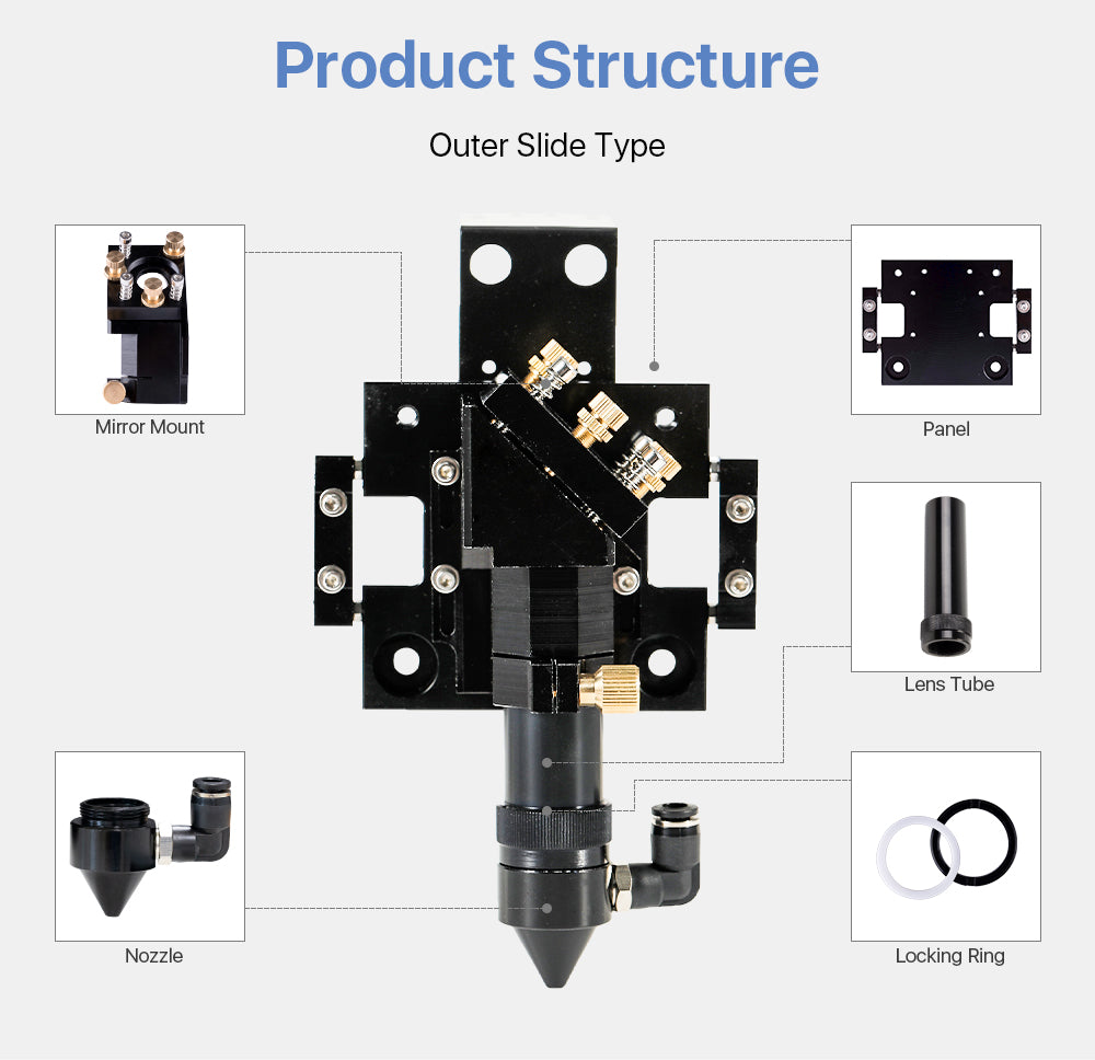 CO2 Laser Head Outer Slider Type with Air Assist Nozzle