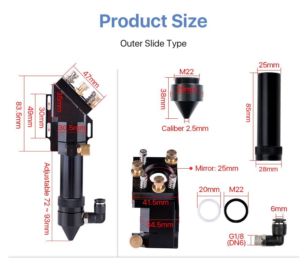 CO2 Laser Head Outer Slider Type with Air Assist Nozzle