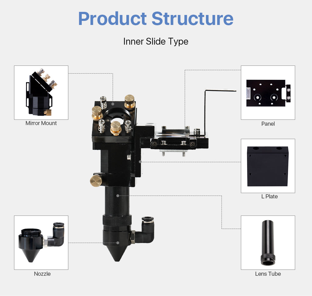 Raylasers CO2 Laser Head Inner Slider Type with Air Assist Nozzle for Inner Rail