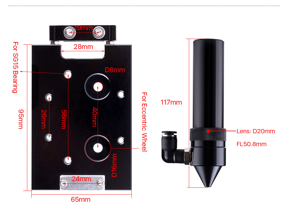 Raylasers CO2 Laser Head Inner Slider Type with Air Assist Nozzle for Inner Rail