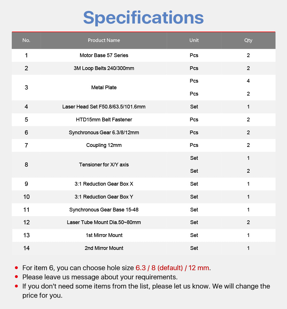 C Series CO2 Laser Metal Parts Mechanical Parts Set Transmission Laser head