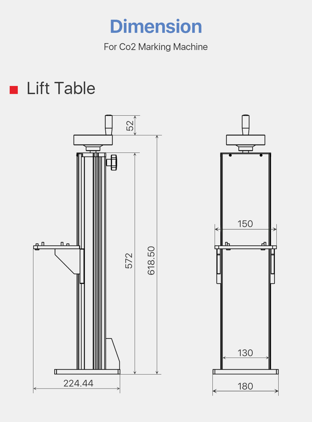 Standard four-piece set of Co2 marking machine, working table, light path, lifting table and power housing.