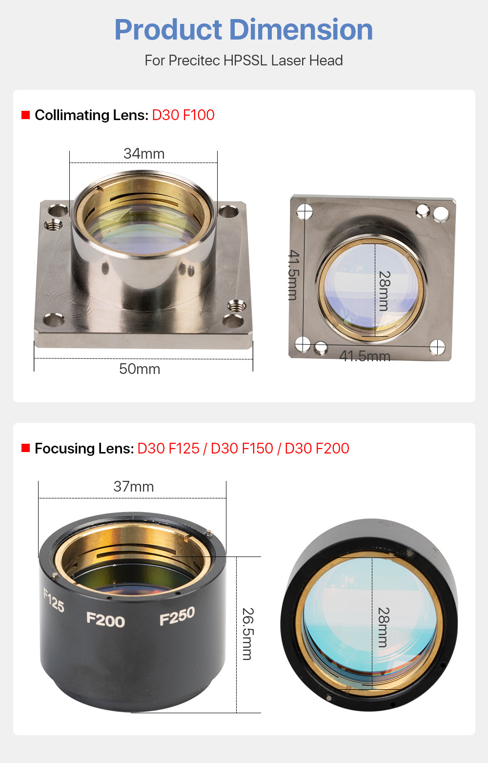 Raylasers Collimating & Focusing Lens For Precitec HPSSL Laser Cutting Head