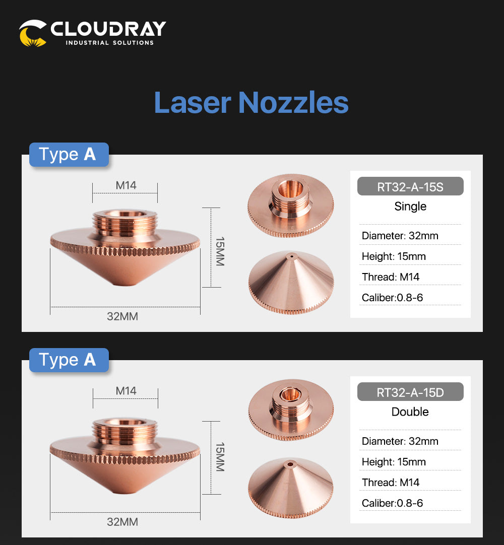 Raylasers Laser Nozzle A Type for Raytools Cutting Nozzles Dia.32mm Height 15mm Caliber 0.8 - 6.0mm