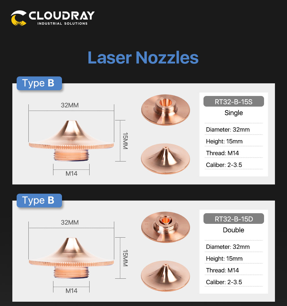 Raylasers Nozzles B Type for Raytools FZ Cutting Nozzles Dia.32mm Height 15mm Caliber 0.8 - 6.0mm