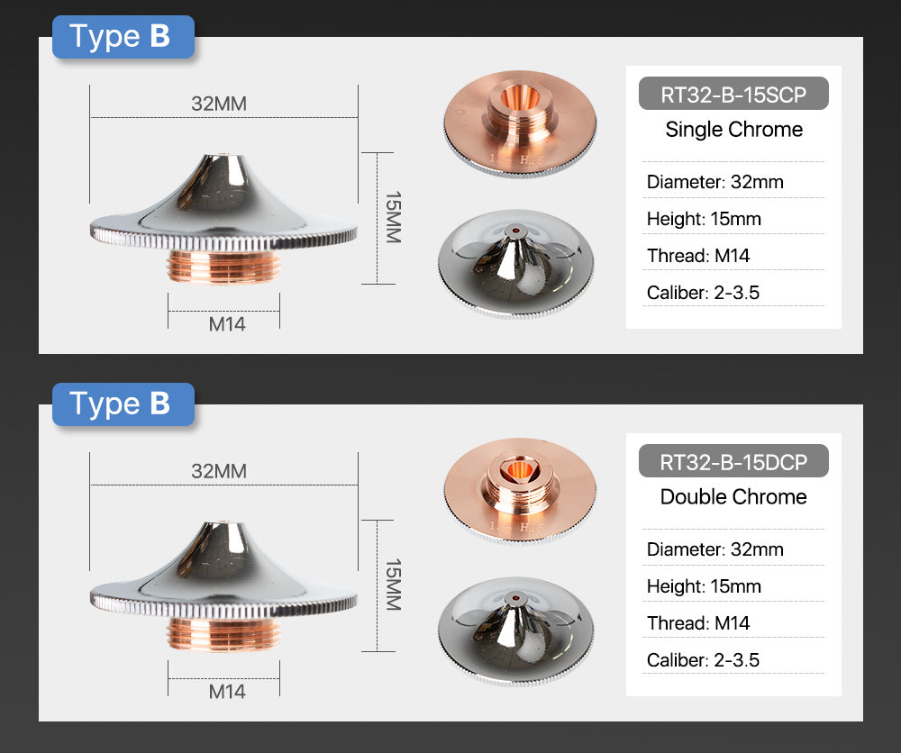 Raylasers Nozzles B Type for Raytools FZ Cutting Nozzles Dia.32mm Height 15mm Caliber 0.8 - 6.0mm