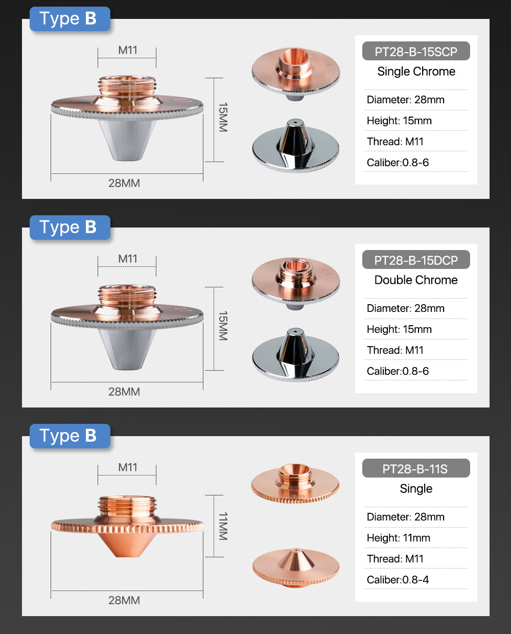 B Type Precitec TQ Cutting Nozzles Laser Nozzle Double Layer D28 H15 M11 Caliber 0.8mm - 4.0mm