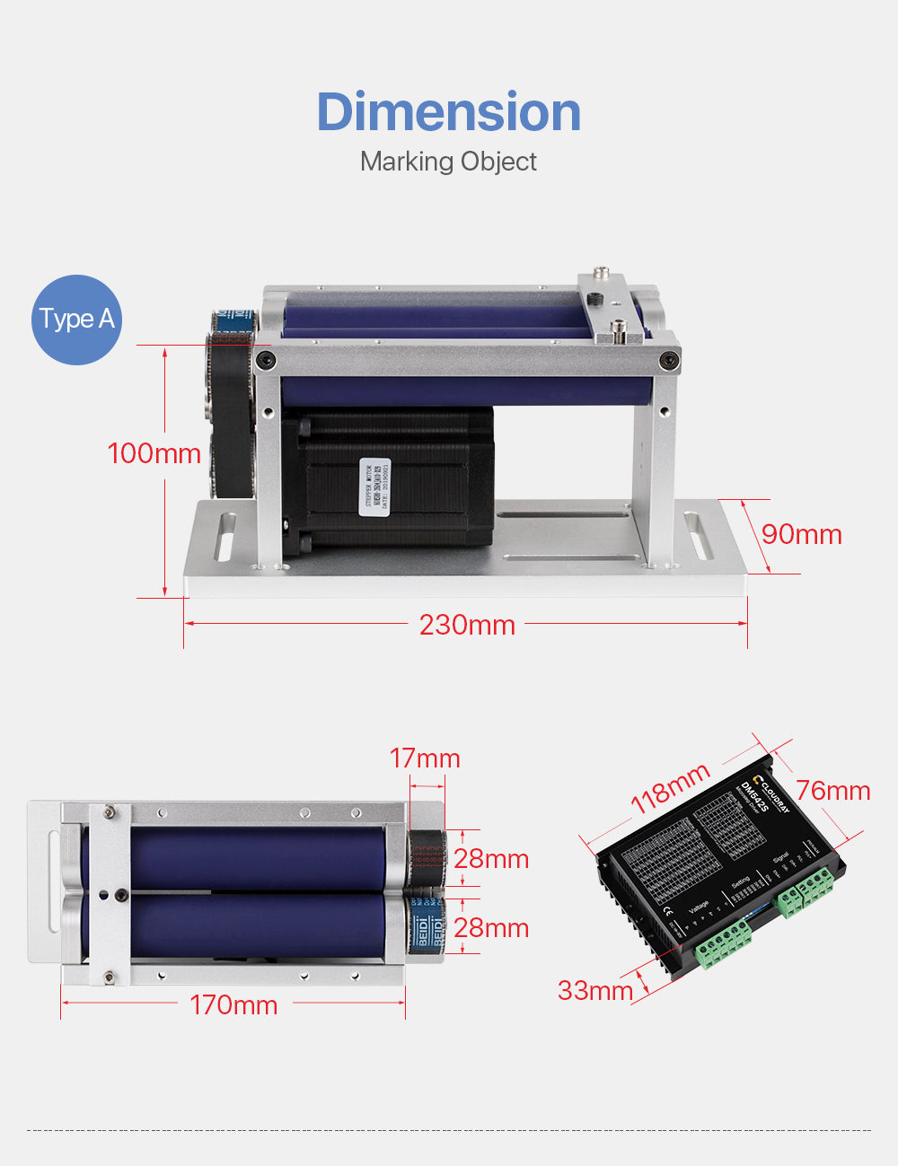 Rotary Attachment Stepper Motor Nema 24 + Driver for Laser Marking Cylindrical Objects DIY Part