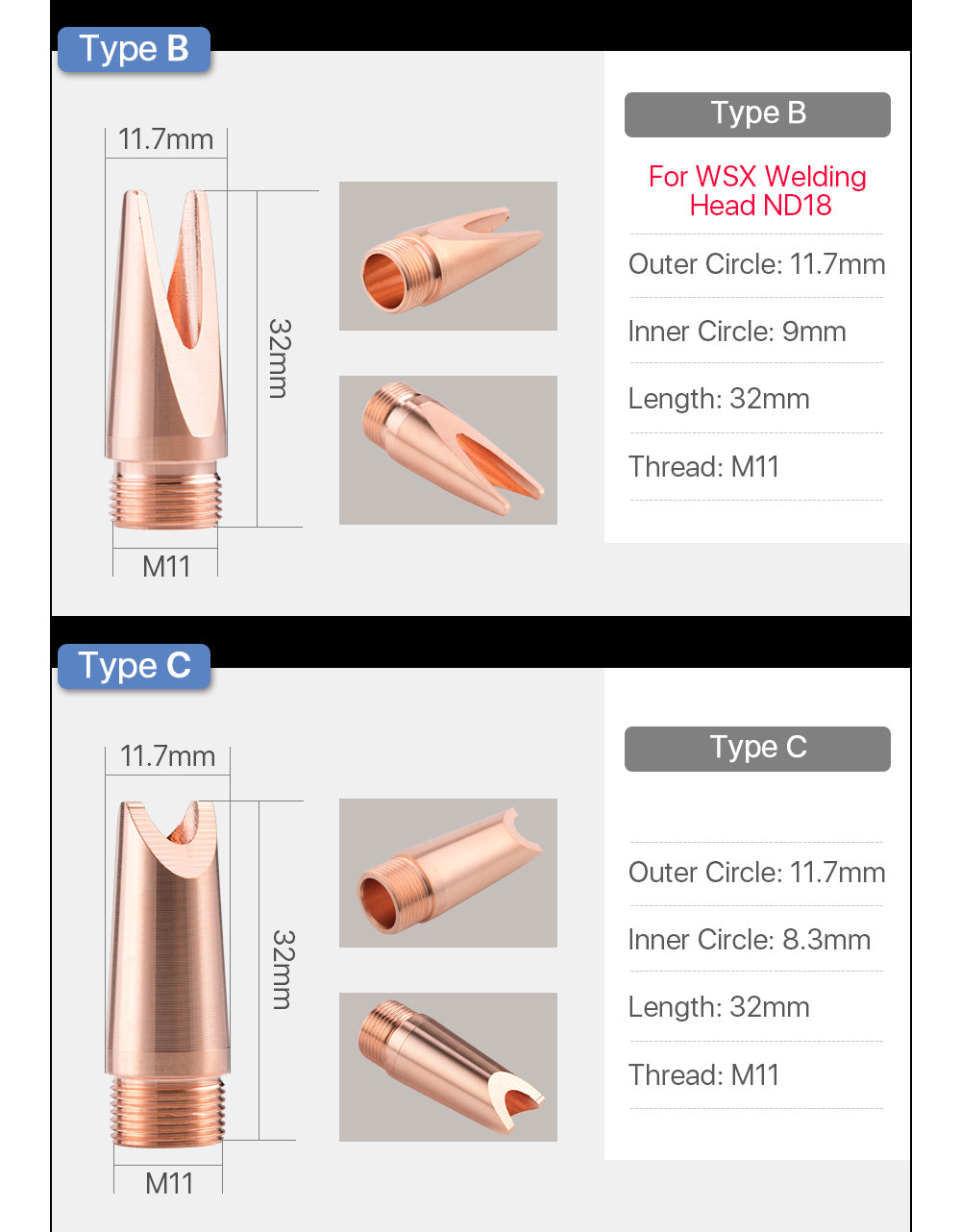 Welding nozzle TypeB thread M11 with wire feed for WSX welding head